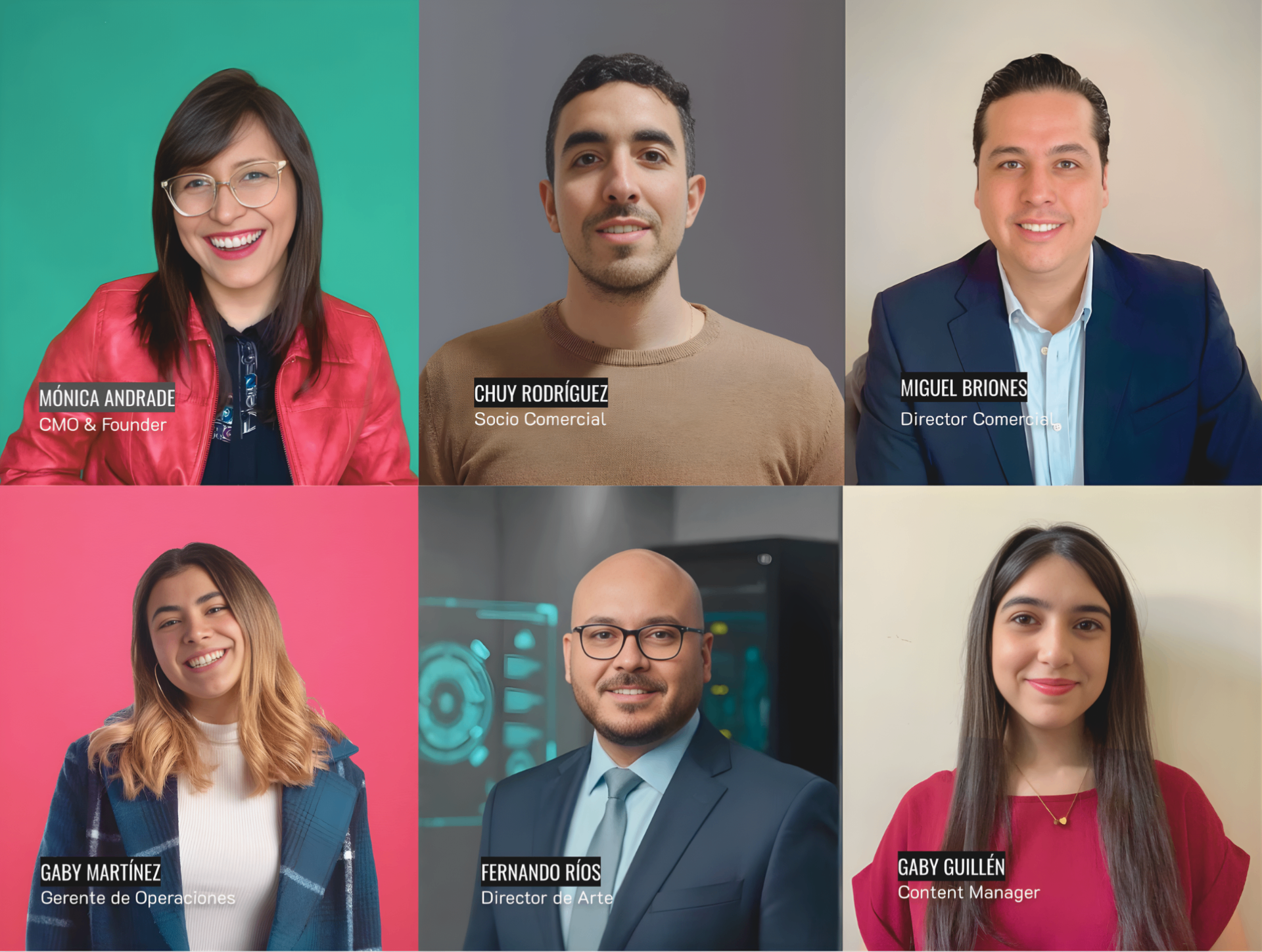 El equipo de Artek — Gaby Martínez, Fernando Ríos, Gaby Guillén, Mónica Andrade, Chuy Rodríguez, Miguel Briones